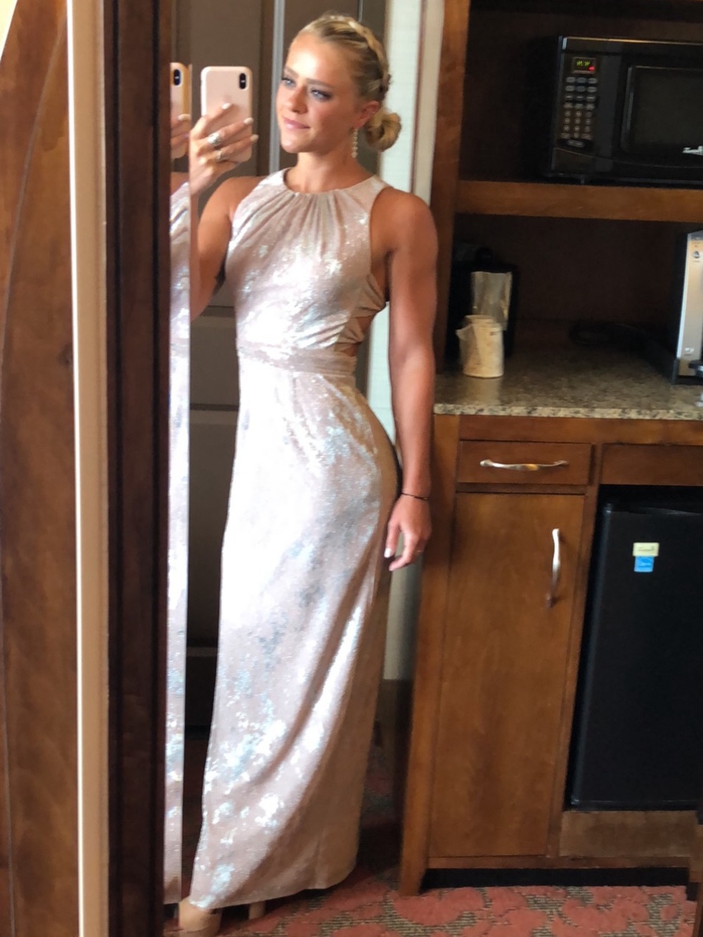 Elegant Light Pink and Silver Dress with Open Back Design